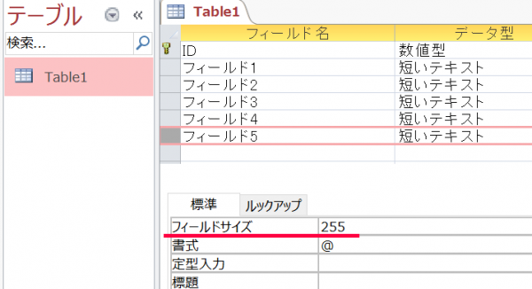 Accessデザインビューでフィールドサイズ初期値255