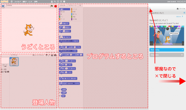 Scratch（スクラッチ）開発画面（説明付き）