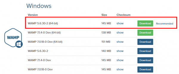 Bitnami WAMP Stack 推奨バージョンのダウンロード