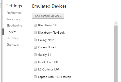 Chrome Emulated Devices Window