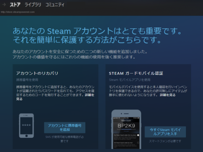 Steamストアセキュリティ説明画面