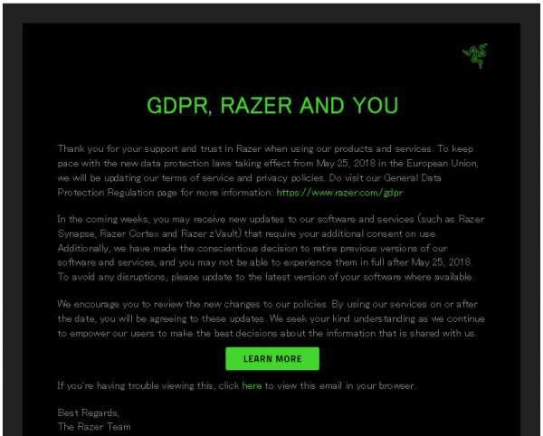 Razerから来たGDPRメール