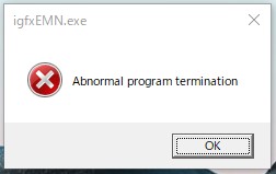 Abnormal program termination メッセージダイアログ